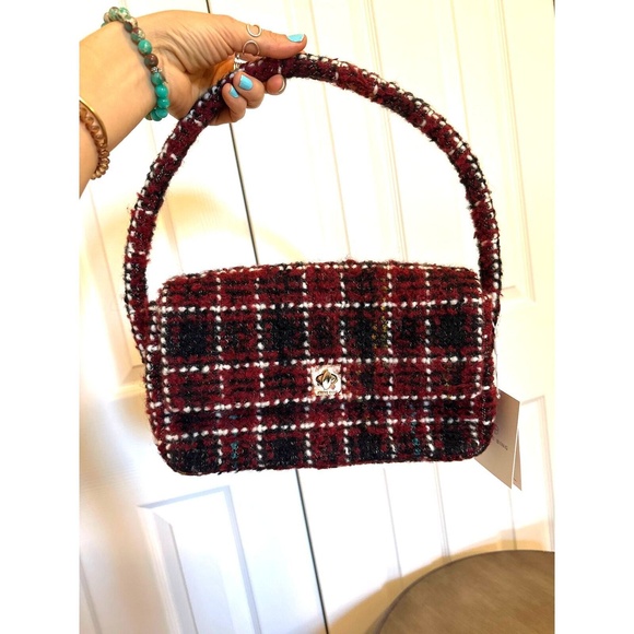 Anine Bing Handbag Purse Preppy Plaid Tweed Top Handle Y2K Winter Burgundy Nico - Picture 1 of 6